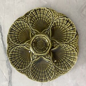 SARREGUEMINES French Antique Majolica Oyster Plate Green Signed
